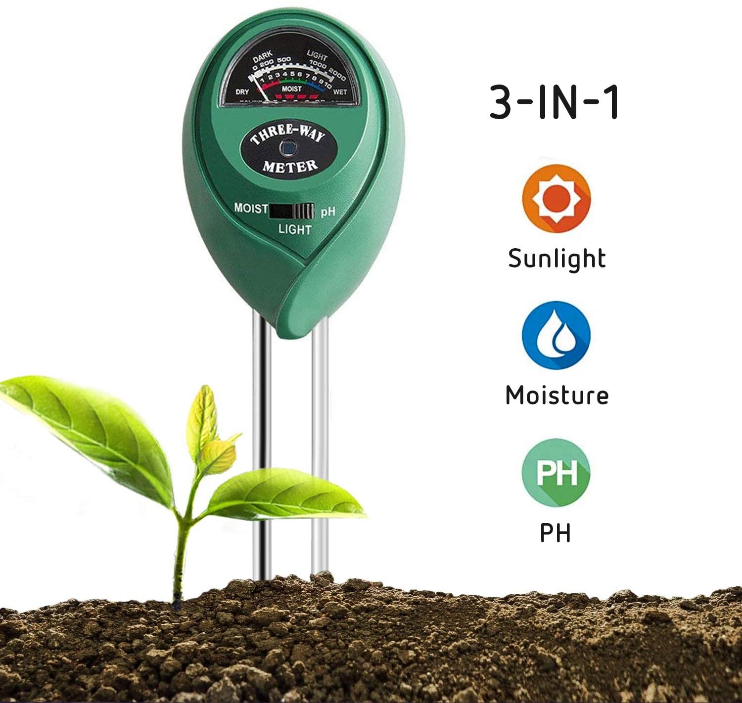 3 way meter - monitors sunlight, moisture and ph